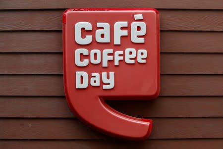 The logo of Cafe Coffee Day is pictured at one of its outlets in Kolkata