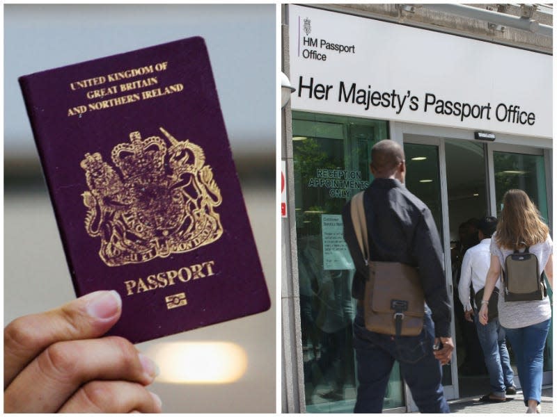 Left: A British passport. Right: A British passport office with a sign reading "Her Majesty's Passport Office."