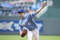 Kansas City Royals' Daniel Lynch IV pitches the ball during the first inning of a baseball game against the Texas Rangers, Sunday, May 5, 2024, in Kansas City, Mo. (AP Photo/Nick Tre. Smith)