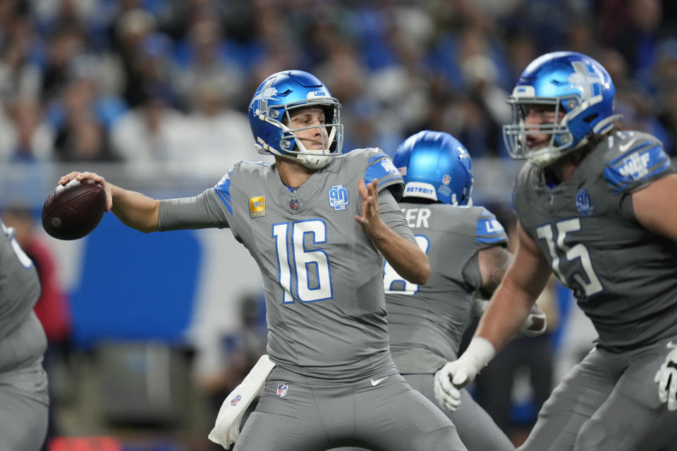 Detroit Lions quarterback Jared Goff throws during the first half of an NFL football game against the Las Vegas Raiders, Monday, Oct. 30, 2023, in Detroit. (AP Photo/Paul Sancya)