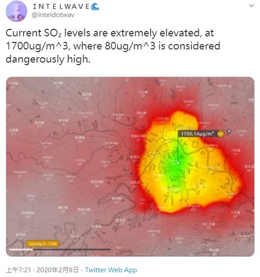  武漢周圍的二氧化硫濃度一度升至1700µg/m3，同期重慶的排放量為800µg/m3。（圖／翻攝自推特）
