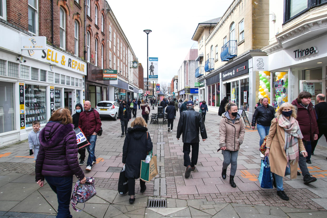 Shoppers return to Worthing town centre, Sussex, as England takes another step back towards normality with the further easing of lockdown restrictions. Picture date: Monday April 12, 2021. 