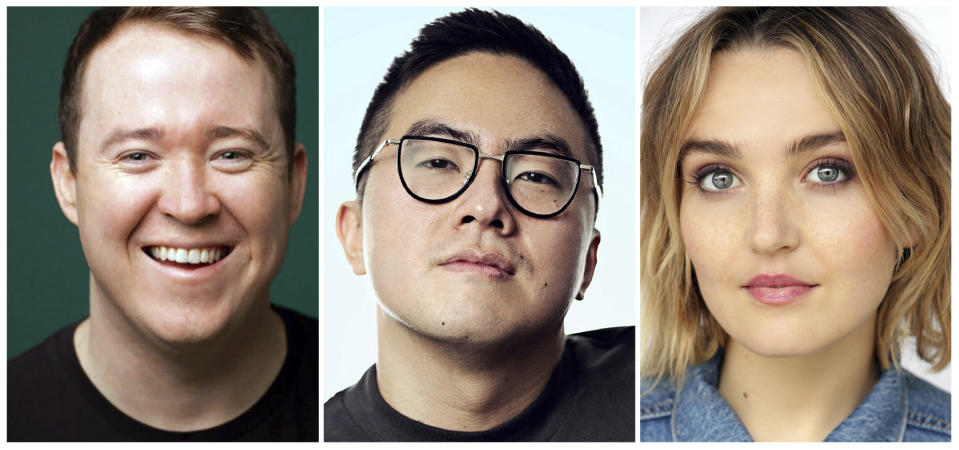 This combination of photos released by NBC shows, from left, Shane Gillis, Bowen Yang and Chloe Fineman who will join the cast of "Saturday Night Live," premiering its 45th season on Sept. 28. (Photos by Phil Provencio, from left, Alex Schaefer and Stevie Nelson/NBC via AP)