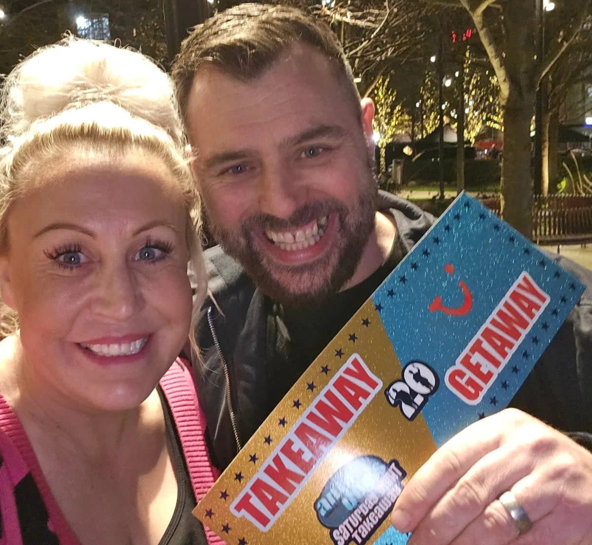 Tammy Fox with her partner Richard with their winning tickets from ‘Saturday Night Takeaway’ (Tammy Fox)