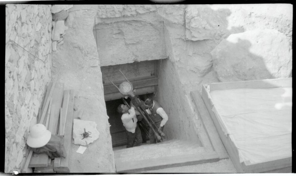 A sacred cow being removed from Tomb of Tutankhamun in 1922. Bettmann Archive