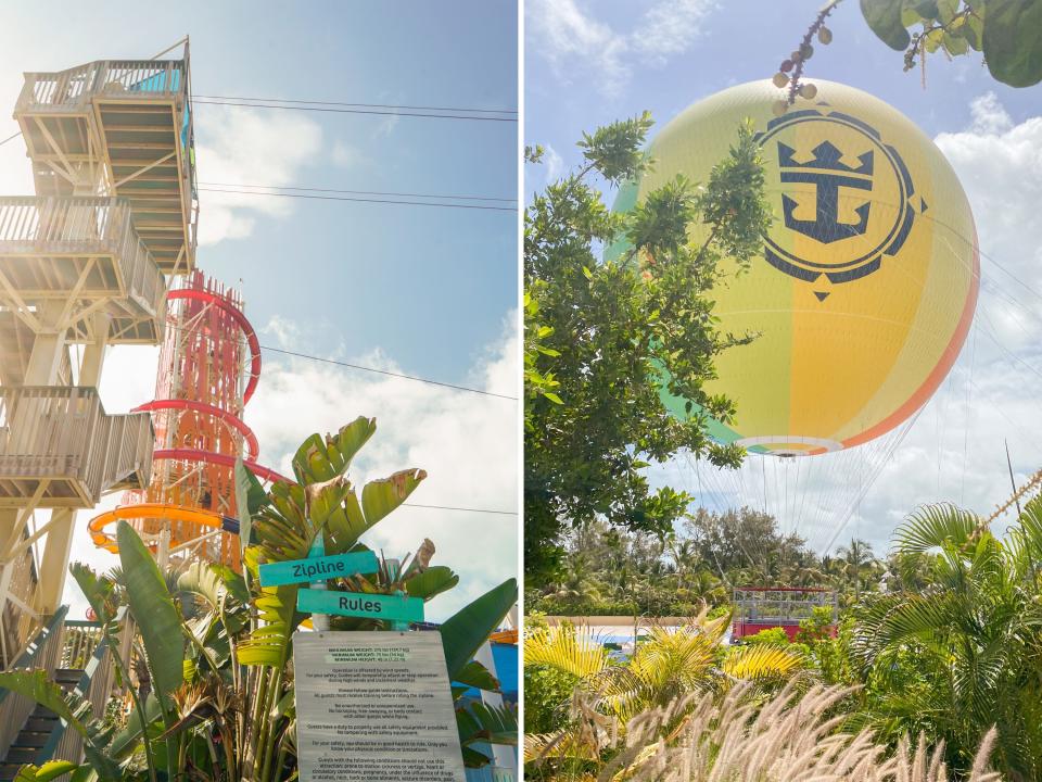side-by-side photos show ziplining (L) and the hot air balloon at CocoCay (R)