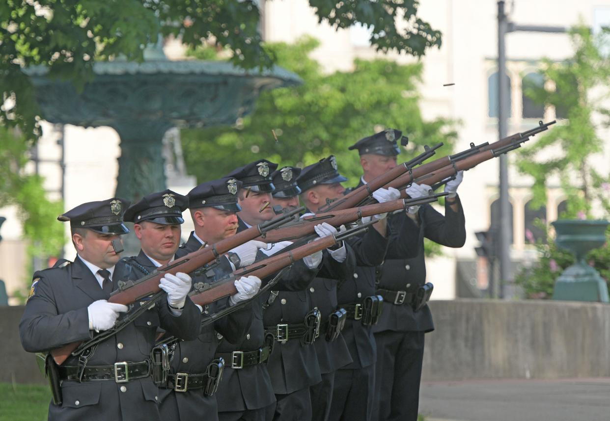 A 21-gun salute was performed by the Mansfield Police Department in Central Park to celebrate National Police Week in 2023.