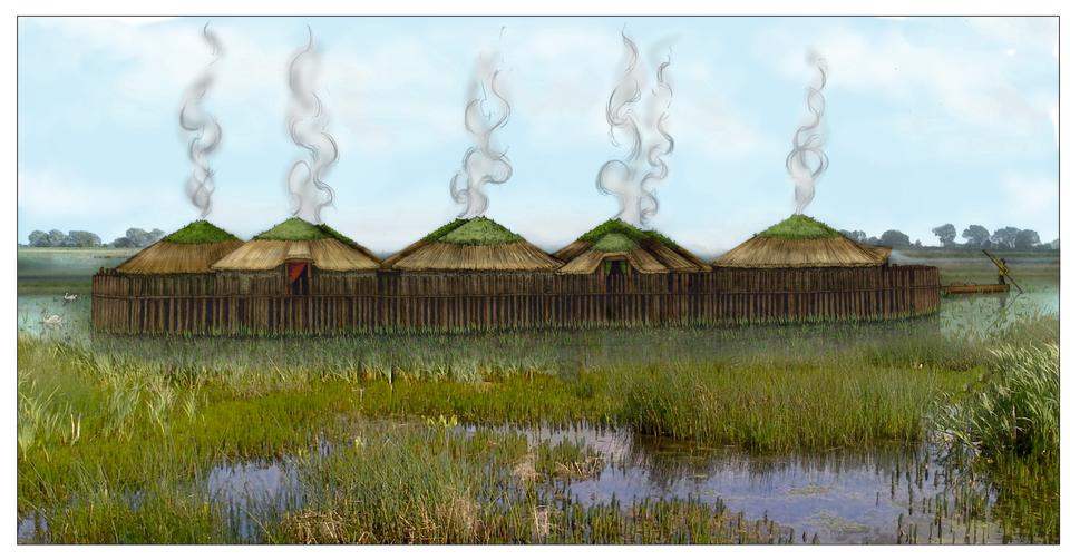 An artist's impression of what the circular wooden homes on stilts would have looked like. (Cambridge Archaeological Unit/ PA)