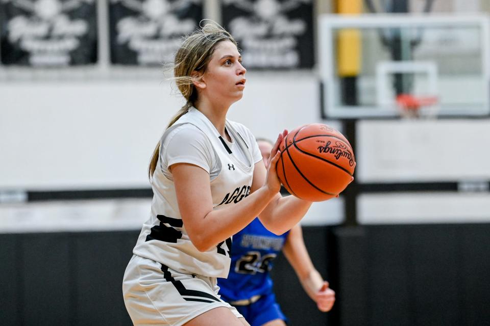 Dansville's Megan Zeitz makes a 3-pointer against Springport during the fourth quarter on Tuesday, March 7, 2023, at Dansville High School.