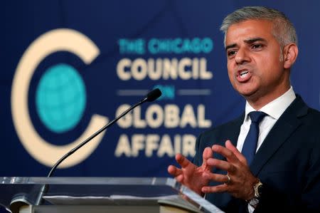 Mayor of London Sadiq Khan speaks at the Chicago Council on Global Affairs in Chicago, Illinois, U.S., September 15, 2016. REUTERS/Jim Young