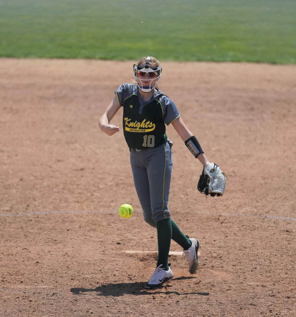 Northeastern sophomore Clare Lopeman throws a pitch during a Wayne County Tournament game April 23, 2022.