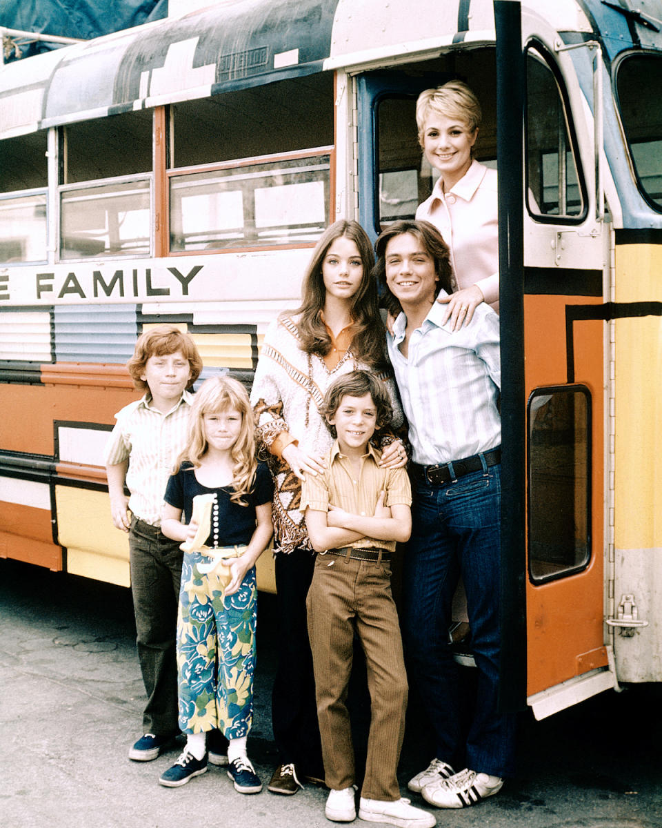 The cast of TV sitcom 'The Partridge Family', circa 1971. Clockwise, from top right: Shirley Jones, David Cassidy, Jeremy Gelbwaks, Suzanne Crough, Danny Bonaduce and Susan Dey