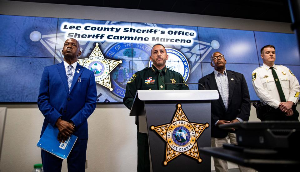 Lee County Sheriff Carmine Marceno updates the media on a case involving an in-custody death that occurred last week.  Lee County NAACP President James Muwakkil was also present to speak.  