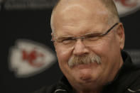 Kansas City Chiefs head coach Andy Reid addresses the media at a news conference Monday, Jan. 20, 2020 at Arrowhead Stadium in Kansas City, Mo. The Chiefs defeated the Tennessee Titans 35-24 Sunday to win the AFC championship to advance to Super Bowl 54 against the San Francisco 49ers. (AP Photo/Charlie Riedel)