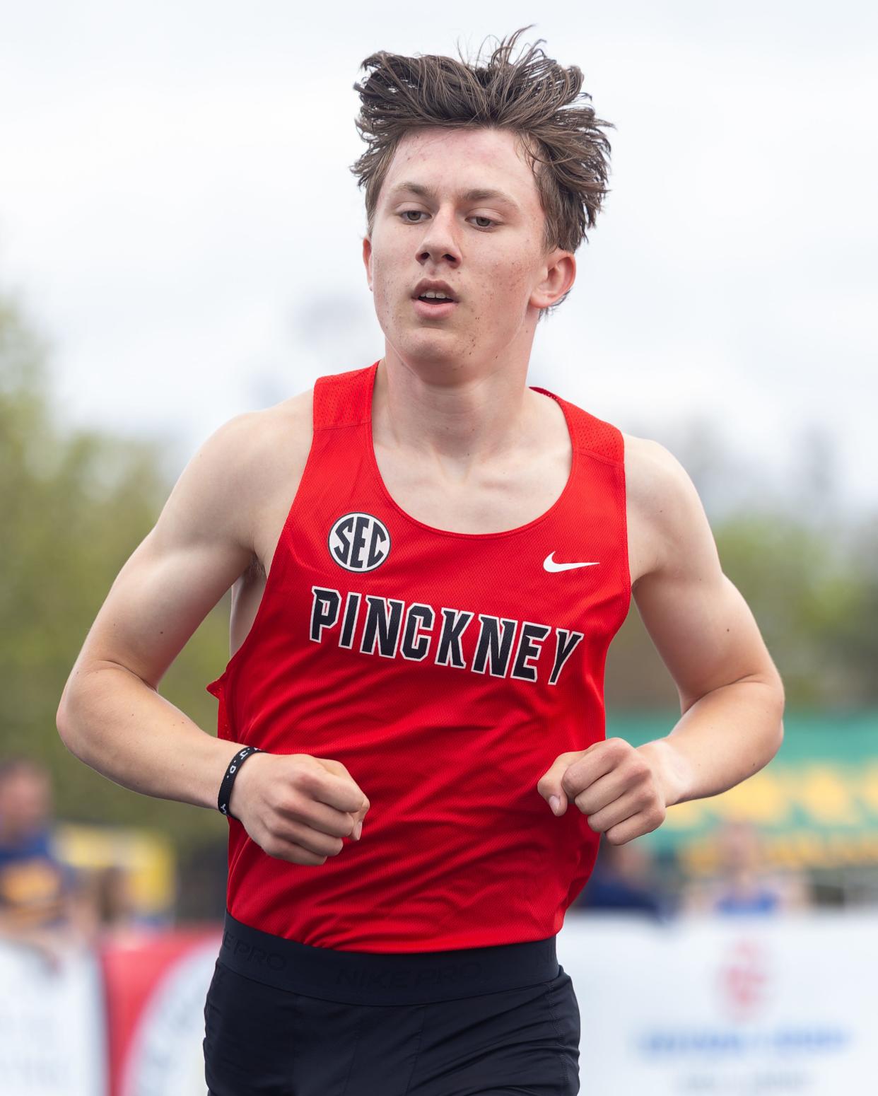 Pinckney's Paul Moore won the 1,600-meter run in 4:17.79 during the Brighton Bulldog Invitational Saturday, April 27, 2024.