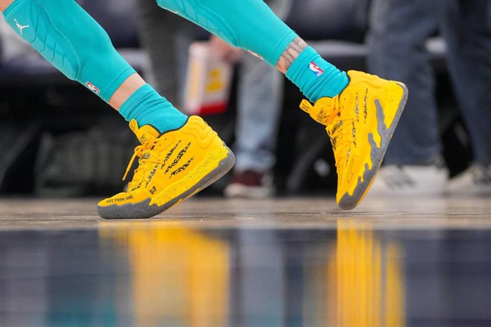 Jan 22, 2024; Minneapolis, Minnesota, USA; Shoes worn by Charlotte Hornets guard LaMelo Ball (1) against the Minnesota Timberwolves in the first quarter at Target Center. Mandatory Credit: Brad Rempel-USA TODAY Sports