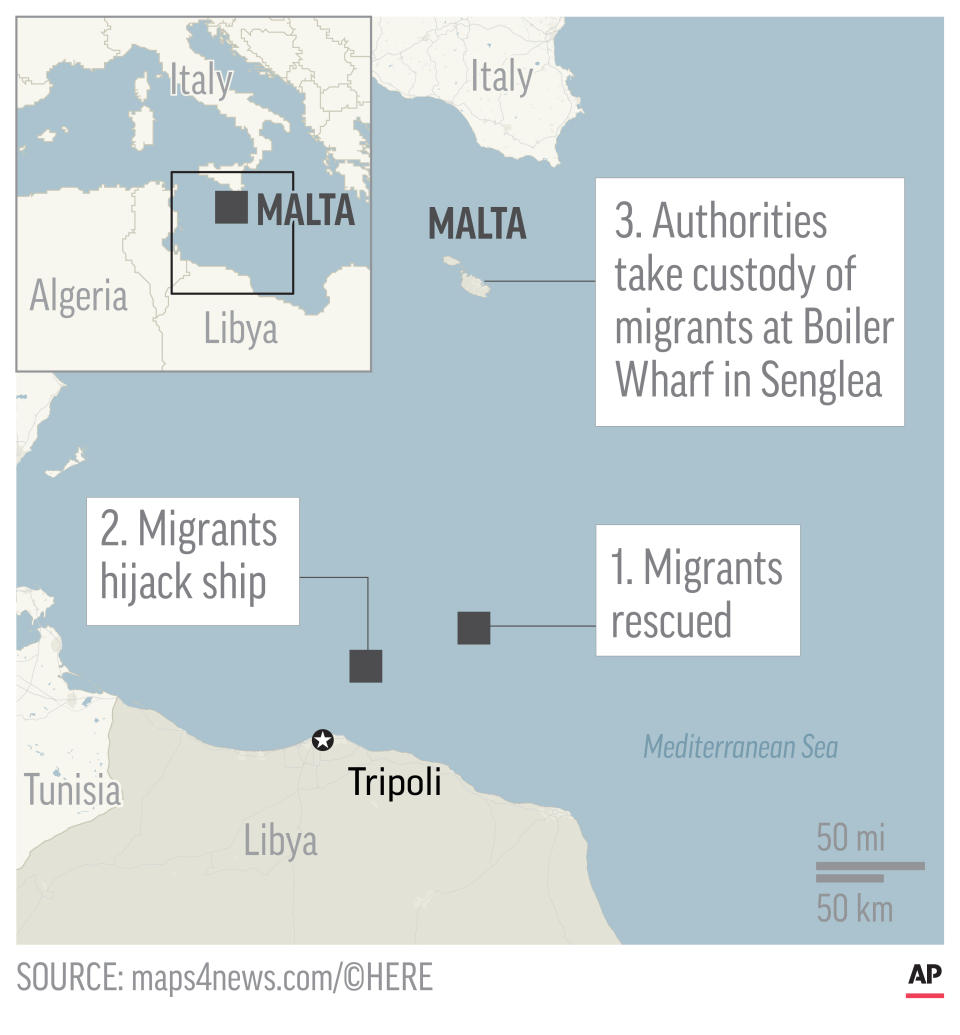 Map locates hijacked ship by migrants in the Mediterranean Sea; 2c x 3 1/2 inches; 96.3 mm x 88 mm;