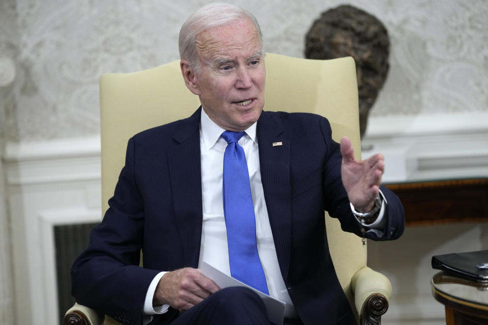 President Joe Biden speaks as he meets with members of the Congressional Black Caucus in the Oval Office of the White House in Washington, Thursday, Feb. 2, 2023. (AP Photo/Susan Walsh)