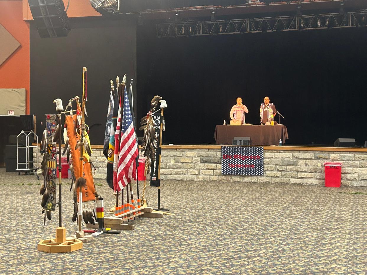 Sault Tribe Chairperson Austin Lowes speaks to the crowd about the importance of honoring veterans of the tribe at the Sault Tribe of Chippewa Indians' Honoring Our Veterans Powwow at Kewadin Casino on Nov. 11, 2023.