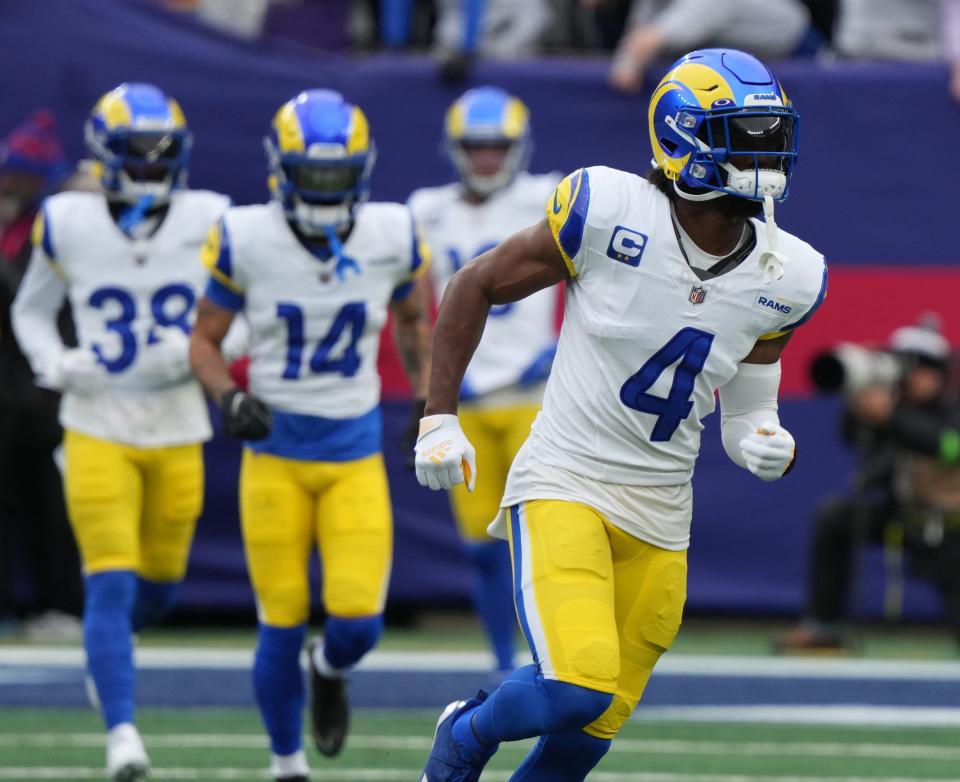 East Rutherford, NJ — December 31, 2023 -- Former Old Tappan player Jordan Fuller of the Rams on the field during pre game warm ups. The New York Giants host the Los Angelas Rams on December 31, 2023 at at MetLife Stadium in East Rutherford, NJ.