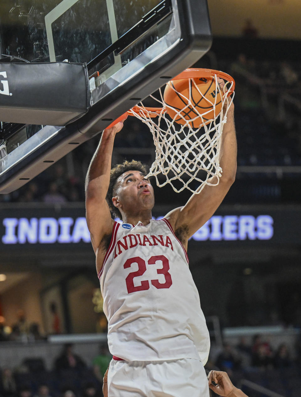 Indiana forward Trayce Jackson-Davis (23) dunks against Kent State during the second half of a first-round college basketball game in the NCAA Tournament early Saturday, March 18, 2023, in Albany, N.Y. (AP Photo/Hans Pennink)