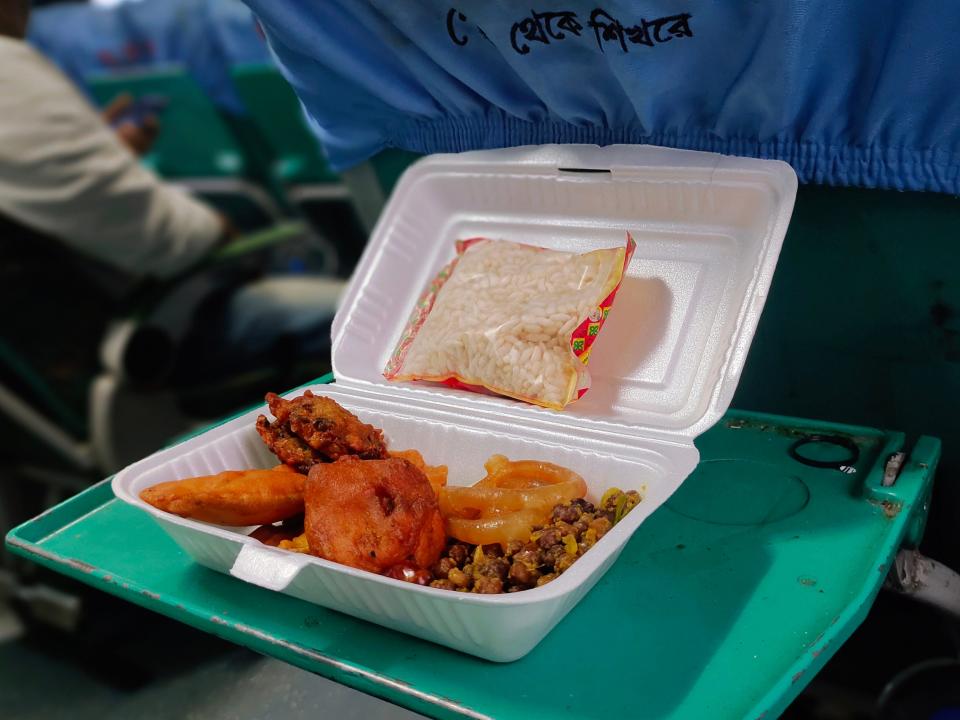 box of food for iftar on a train in Bangladesh