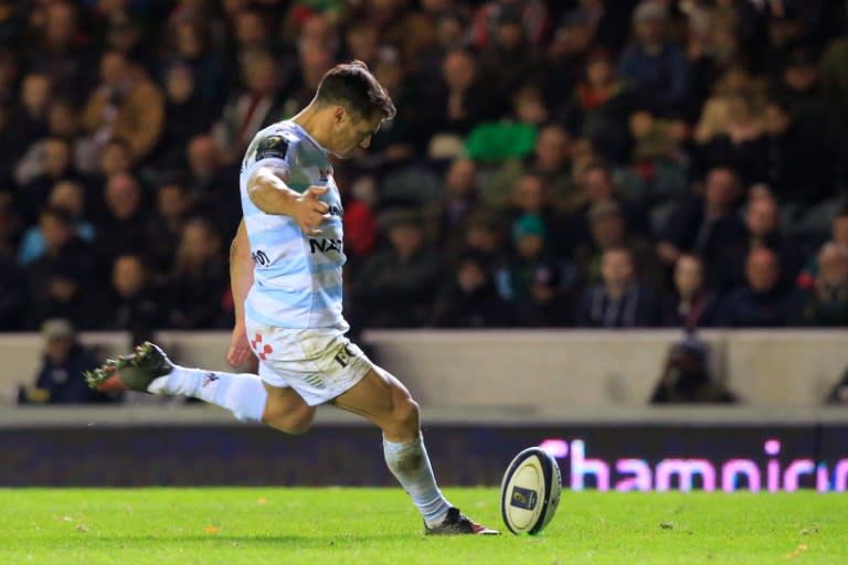 Racing 92's fly-half Dan Carter kicks a conversion on October 23, 2016