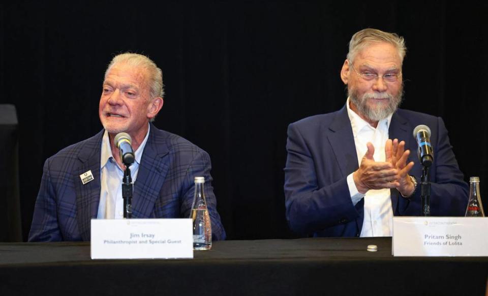 Jim Irsay, CEO of the Indianapolis Colts, left, talks and Pritam Singh, Friends of Lolita, claps during a press conference on Thursday, March 30, 2023, at the Intercontinental hotel in Downtown Miami to discuss the future of Lolita, the Miami Seaquarium orca, potentially being released into the wild.