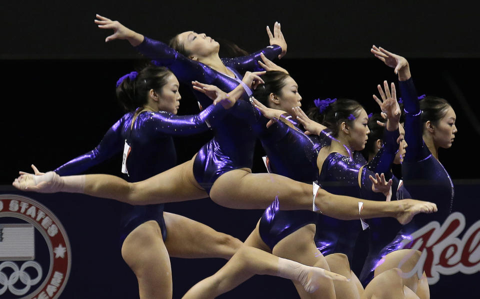 Anna Li performs on the balance beam during the preliminary round of the women's Olympic gymnastics trials, Friday, June 29, 2012, in San Jose, Calif. (AP Photo/Julie Jacobson)