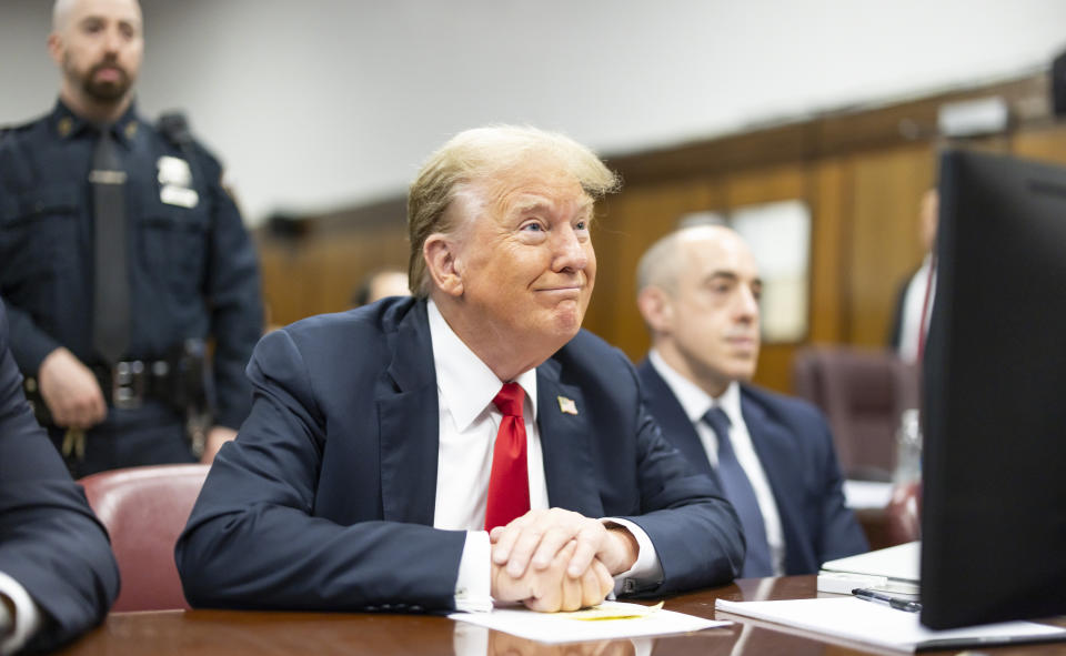 Former President Donald Trump sits in Manhattan Criminal Court, Tuesday, May 28, 2024, in New York. (Justin Lane/Pool Photo via AP)