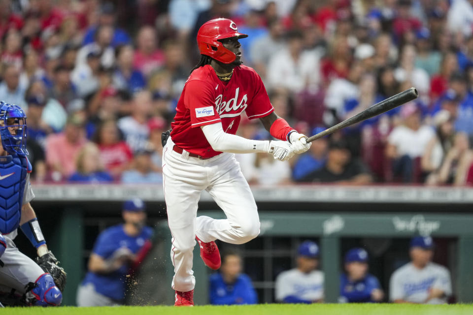 Cincinnati Reds' Elly De La Cruz watches his double during the third inning of the team's baseball game against the Los Angeles Dodgers in Cincinnati, Tuesday, June 6, 2023. (AP Photo/Aaron Doster)