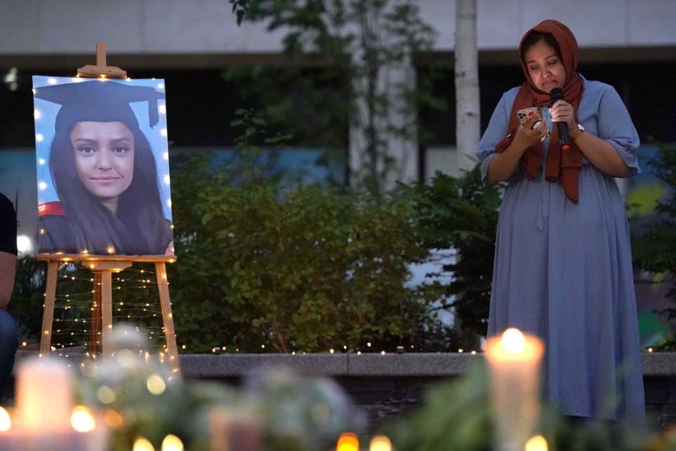 Jebina Yasmin Islam speaks at a vigil in memory of her sister Sabina Nessa at Pegler Square in Kidbrooke (Jonathan Brady/PA) (PA Wire)