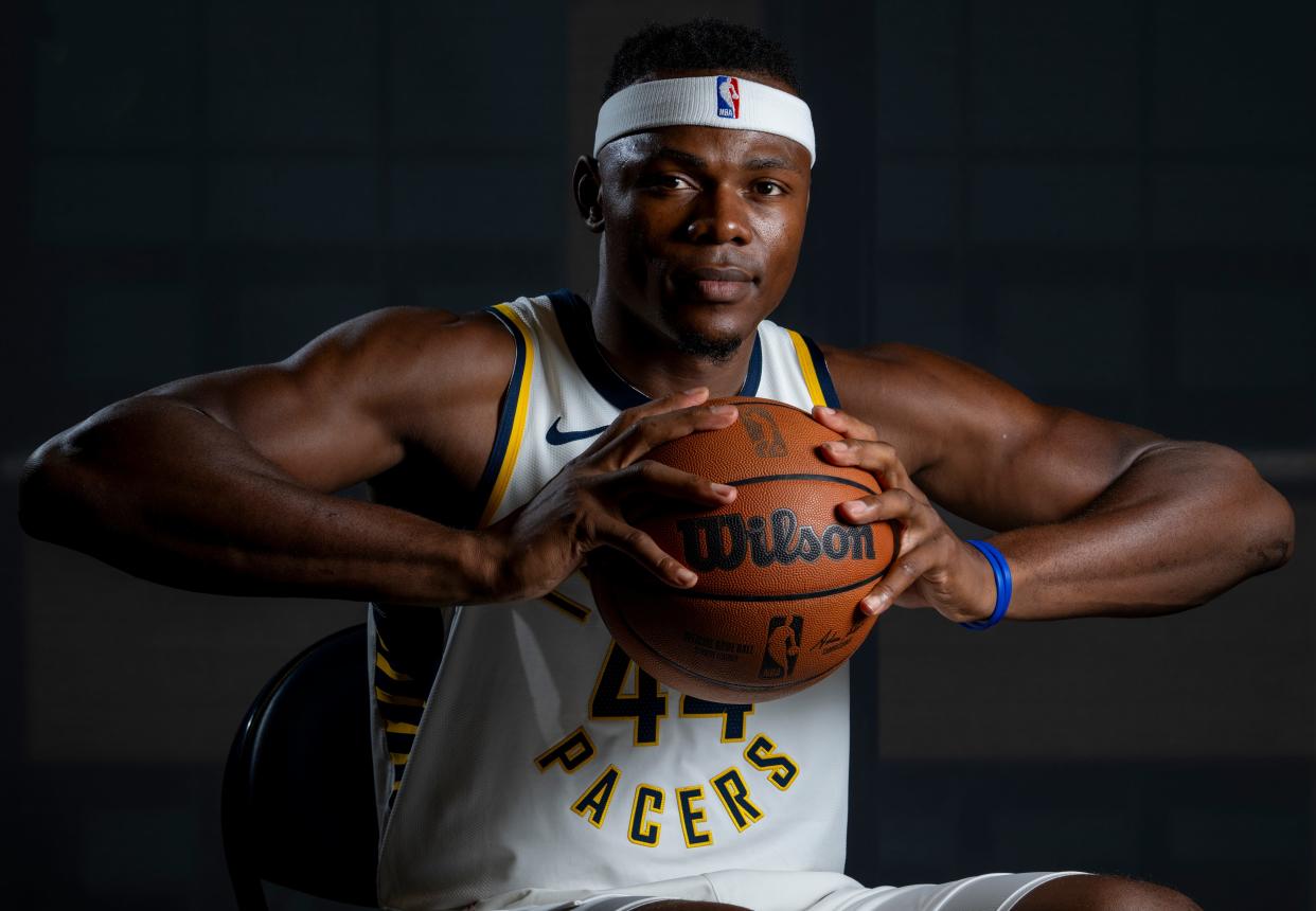 Indiana Pacers center Oscar Tshiebwe (44) at Pacers media day, at St. Vincent Center, downtown Indianapolis, Monday, Oct. 3, 2023. The team is currently in preseason and the team’s opening game is Oct. 25.