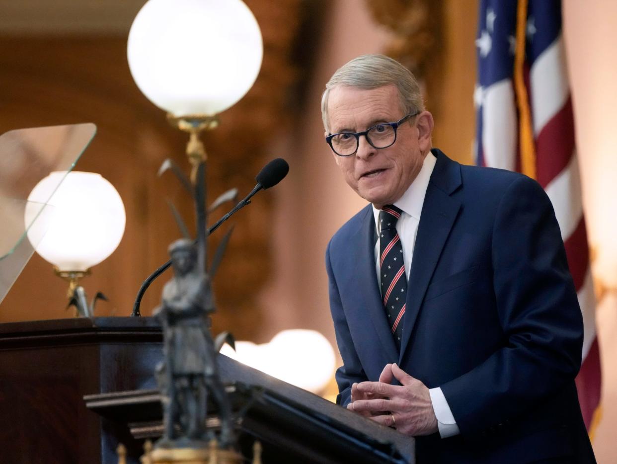 Ohio Governor Mike DeWine presents his budget at the State of the State event at the Ohio Statehouse on Jan. 31.