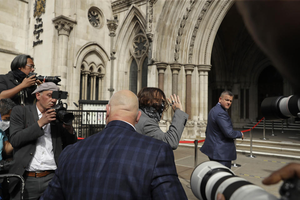 American actor Johnny Depp arrives at the High Court in London, Monday, July 13, 2020. Depp is expected to wrap up his evidence at his libel trial against a tabloid newspaper that accused him of abusing ex-wife Amber Heard. The Hollywood star is suing News Group Newspapers, publisher of The Sun, and the paper’s executive editor, Dan Wootton, over an April 2018 article that called him a “wife-beater.” (AP Photo/Matt Dunham)