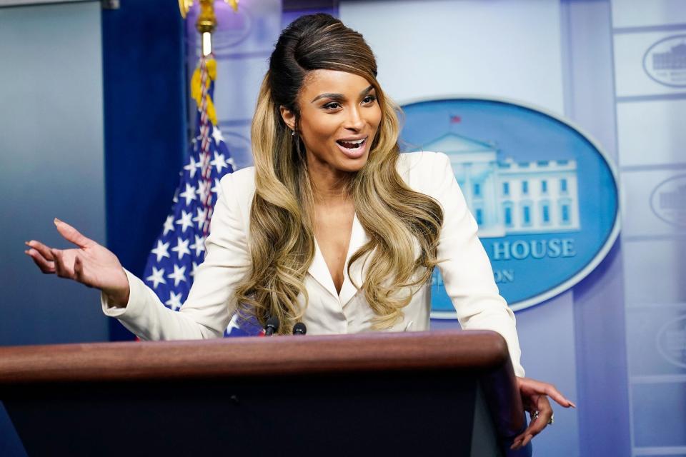 Singer Ciara poses for photos in the Brady press briefing room of the White House in Washington, . Ciara visited the White House to promote COVID-19 vaccinations for young children Biden, Washington, United States - 17 Nov 2021