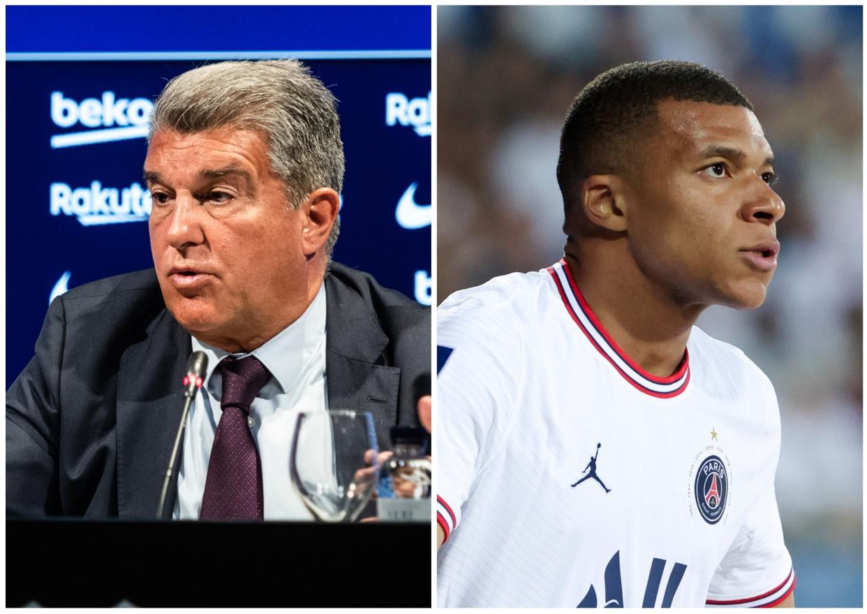 Joan Laporta y Kylian Mbappé. (Foto: Marc Graupera Aloma / Europa Press / Getty Images / John Berry / Getty Images).