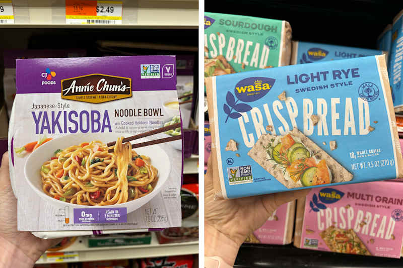 2 photos side by side of someone holding up a grocery item with a label that says 