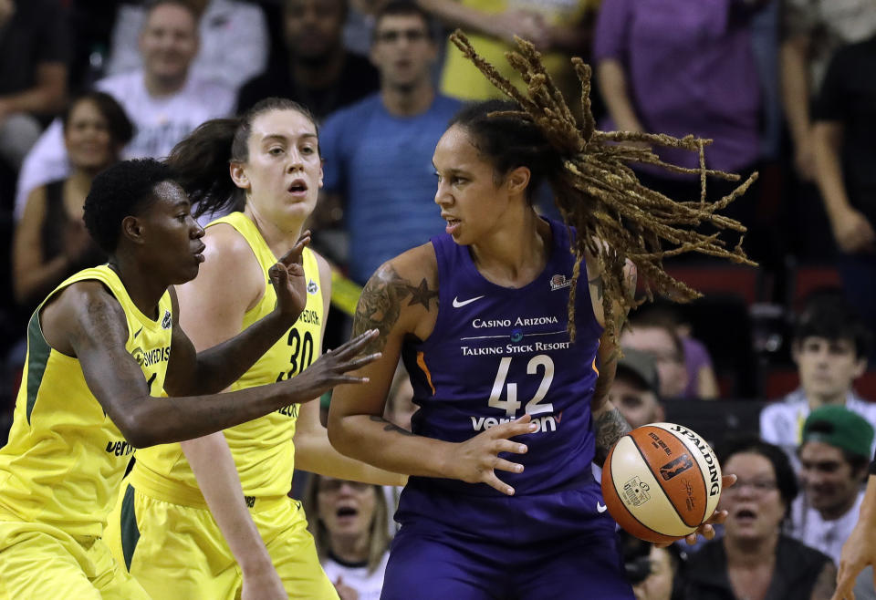 Phoenix Mercury’s Brittney Griner joined WNBA players in speaking out about the new G League contracts. (AP Photo/Elaine Thompson)