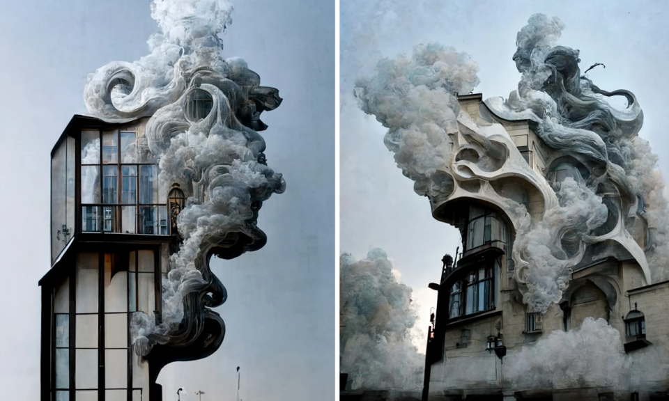 Surreal Art Nouveau buildings morphing into smoke, conceived by Hassan Ragab in collaboration with the Midjourney AI art generator. 