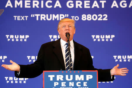 Republican presidential nominee Donald Trump speaks at a campaign event in Cedar Rapids, Iowa, U.S., October 28, 2016. REUTERS/Carlo Allegri