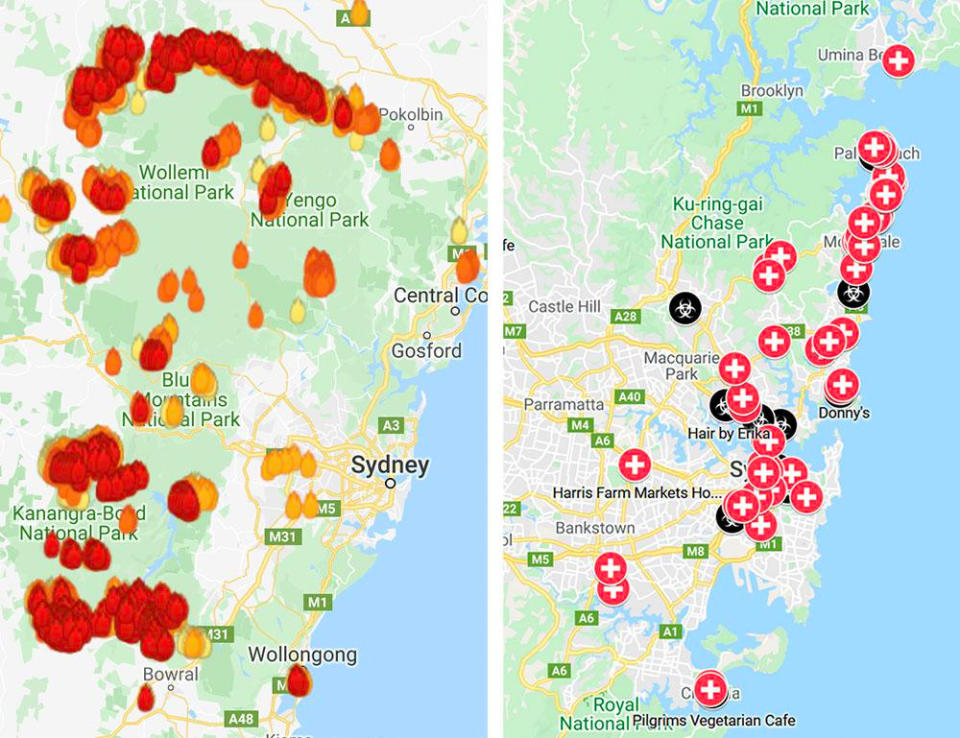 The side-by-side comparison shows NSW swarmed with bushfires in 2019, and inundated with coronavirus cases in 2020.