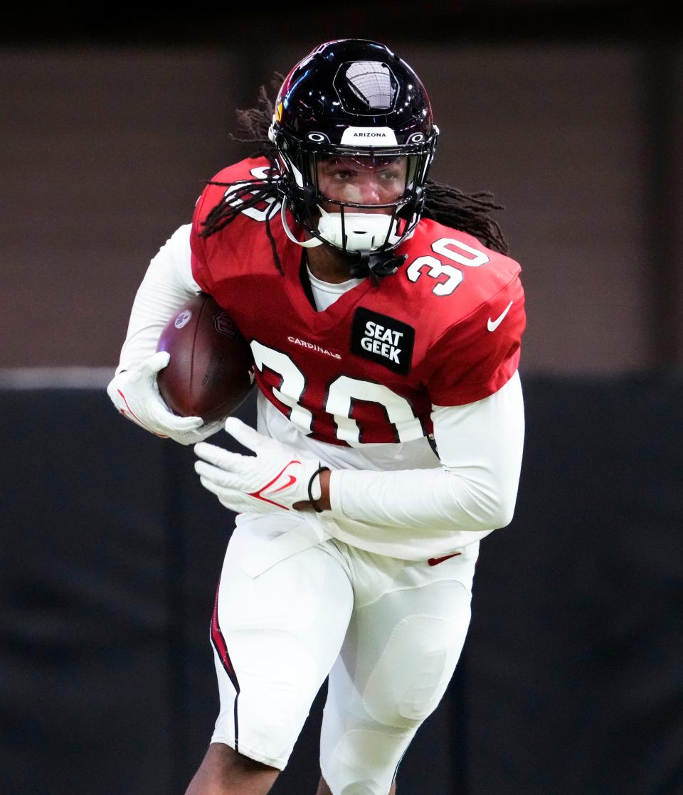 Aug 16, 2022; Glendale, Arizona, USA; Arizona Cardinals running back Keaontay Ingram (30) during training camp at State Farm Stadium.