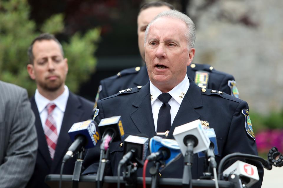 Haverstraw Police Chief Peter Murphy speaks after the FBI announced that Eugene Palmer, who went on the run after allegedly killing his daughter-in-law, has been added to the agency's Ten Most Wanted Fugitive List May 29, 2019 at FBI offices in Rye. 