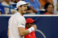 Aug 20, 2016; Mason, OH, USA; Andy Murray (GBR) reacts against Milos Raonic (CAN) in the semifinals during the Western and Southern tennis tournament at Linder Family Tennis Center. Mandatory Credit: Aaron Doster-USA TODAY Sports