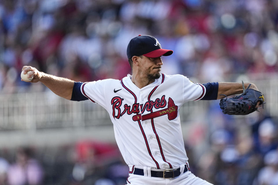 Atlanta Braves starting pitcher Charlie Morton delivers to a Los Angeles Angels batter in the first inning of a baseball game Monday, July 31, 2023, in Atlanta. (AP Photo/John Bazemore)