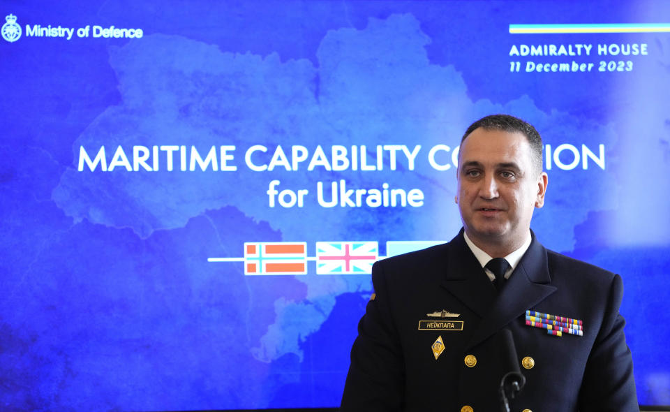 Vice Admiral Oleksii Neizhpapa of Ukraine speaks during a press conference with Britain's Defence Secretary Grant Shapps Norway's Minister of Defence Bjorn Arild Gram, in London, Monday, Dec. 11, 2023. Britain's Ministry of Defense is transferring two minehunting ships to Ukraine as part of a package of long-term support to bolster security in the Black Sea. The transfer comes as Britain and Norway announce plans for a new maritime coalition to increase support for Ukraine in the war with Russia. (AP Photo/Kirsty Wigglesworth)