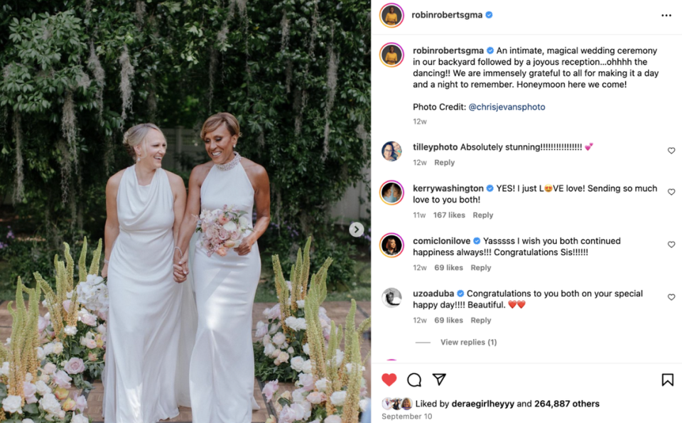 “Good Morning America” host Robin Roberts married her longtime parther, Amber Laign, on Sept. 9 in Connecticut.