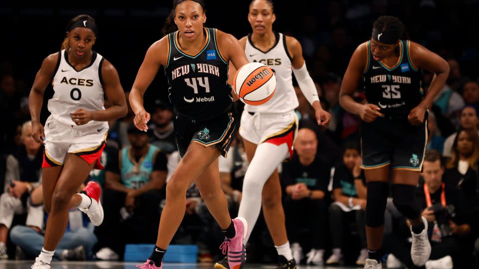 Betnijah Laney of the New York Liberty brings the ball up court against the Las Vegas Aces during game four of the 2023 WNBA Finals on October 18, 2023, in New York City. - Sarah Stier/Getty Images