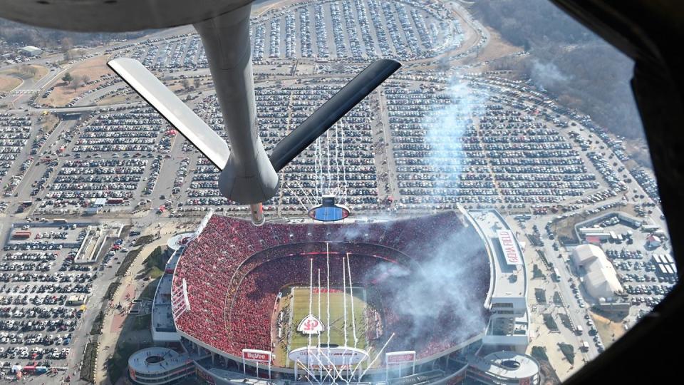 A KC-135 Stratotanker assigned to McConnell Air Force Base, Kansas, performs a flyover above Arrowhead Stadium in Kansas City, Mo., Jan. 1. (Airman 1st Class Brenden Beezley/Air Force)